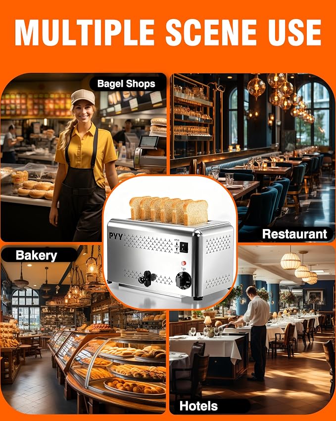 PYY Professional Commercial 6 Slice Toaster - 1800W Stainless Steel Heavy Duty Toaster, 6 Browning Levels, 1.1" Wide Slots, Removable Crumb Tray for Bagels Bread Waffles (Commercial & Home Use)