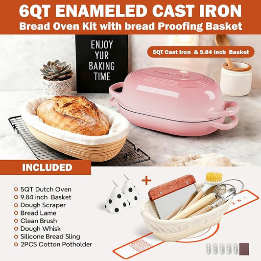 Enameled Cast Iron Sourdough Bread Oven, Dutch Oven for Bread Baking, - incl. Sourdough Bread-Baking Supplies like Banneton Bread-Proofing Basket - 5QT Loaf Cast Iron Bread Pan-Making Kit Pan, Pot, Sour Sough Tools, Lame (Pink)