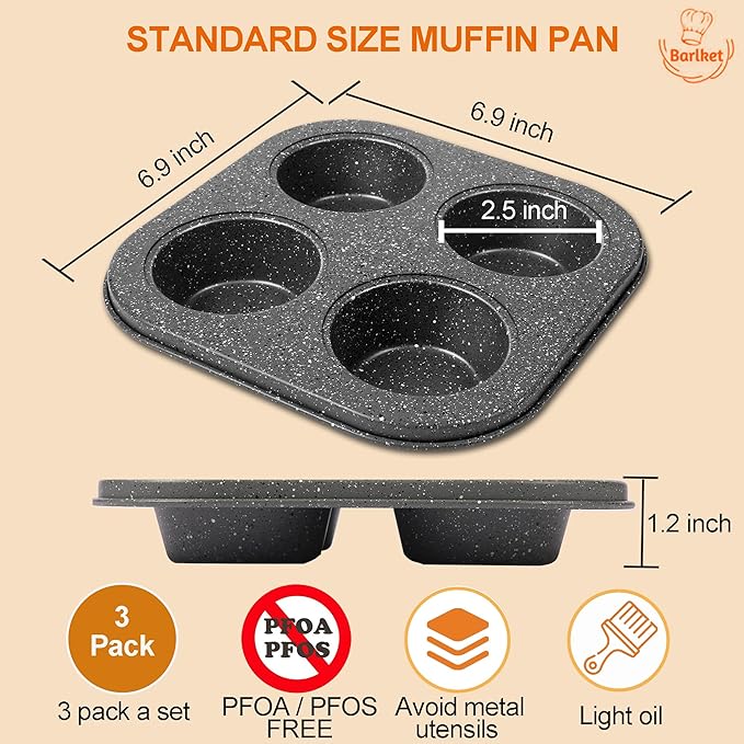 3-Pack 4-Cup Muffin Pan, Nonstick Granite Coating Carbon Steel Cupcake Pan Set, Standard Muffin Tin for Air Fryer Small Oven Baking, Easy Release, Nests Flat for Storage