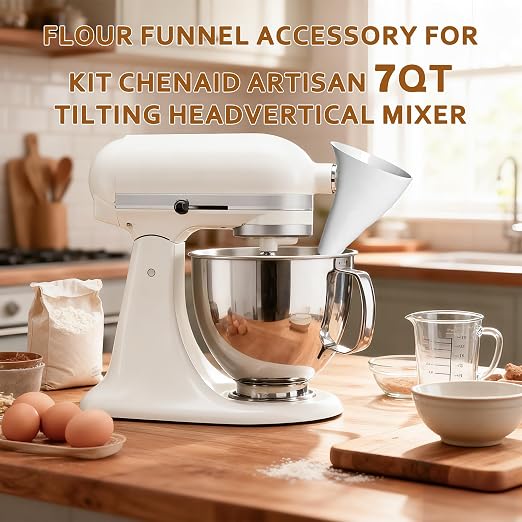 1 Pcs Flour Funnel for Kitchen Aid KSM 70 7 Quart Tilt-Head Stand Mixer, Anti-Spill Easy-Pour Plastic Powder Funnel (7QT)