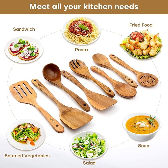 AIUHI Wood Spoons for Cooking, Nonstick Kitchen Utensil Set, Wooden Spoons Cooking Utensil Set Non Scratch Natural Teak Wooden Utensils for Cooking (Teak 8 Pack)