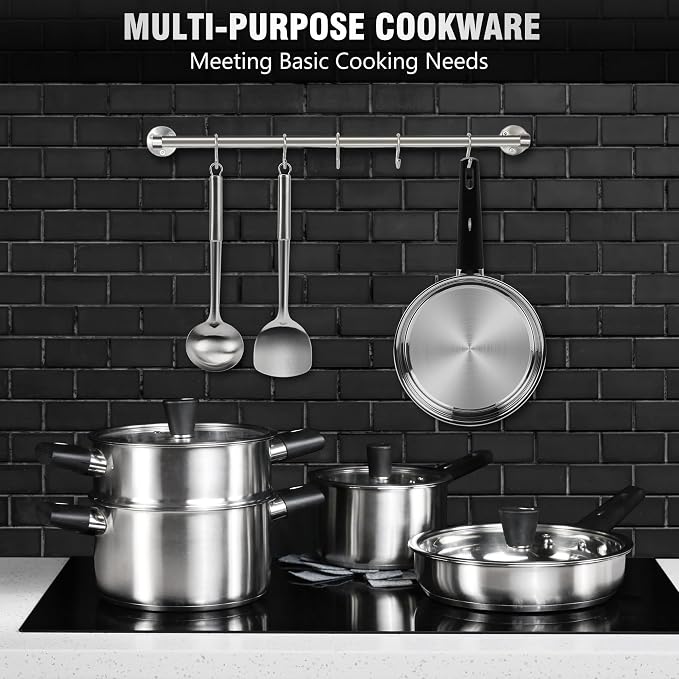 14Pcs Kitchen Pots and Pans Set, Stainless Steel Cookware Set Non Toxic, Induction Cooking Pot and Pan Set with Stay-Cool Handles, Healthy PFAS, PFOA, PFOS Free, Dishwasher Safe