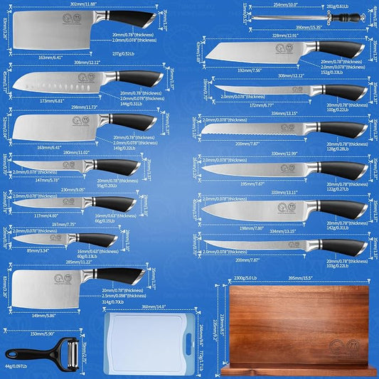 XYJ Knives,Professional Knife Sets for Master Chefs,13 Pcs Chef Knife Set with Magnetic Knife Block,Meat Cleaver Butcher for Camping