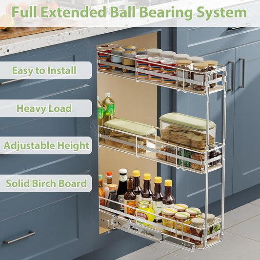 ROOMTEC 3-Tier Pull Out Cabinet Organizer Spice Rack for Narrow Cabinet 7" W x 20½" D, Slide Out Wood Shelves Storage for Kitchen