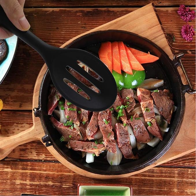 Linwnil 4 Pieces Silicone Slotted Spoons,10.6 Inch Nonstick Mixing Serving Spoons for Kitchen Cooking Bake Stir Draining Tool (8, Black)