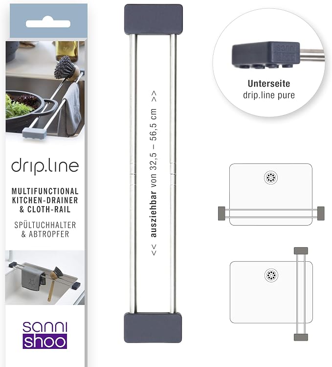 Sanni Shoo drip.line Pure Anthracite - Versatile and Adjustable Kitchen Rack Drip Tray for Dishcloths, Brushes, and Bottles - Hygienic Storage - Made of Stainless Steel and Silicone