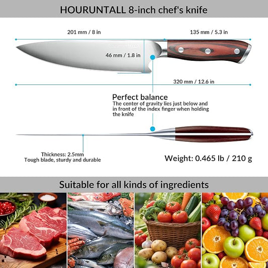 8 Inch Chef Knife with Innovative Safety Notch, Forged 5CR15MOV High Carbon Stainless Steel Kitchen Knife, Ultra Sharp Vegetable &Meat Cleaver with Ergonomic Wood Handle for Pro Chefs