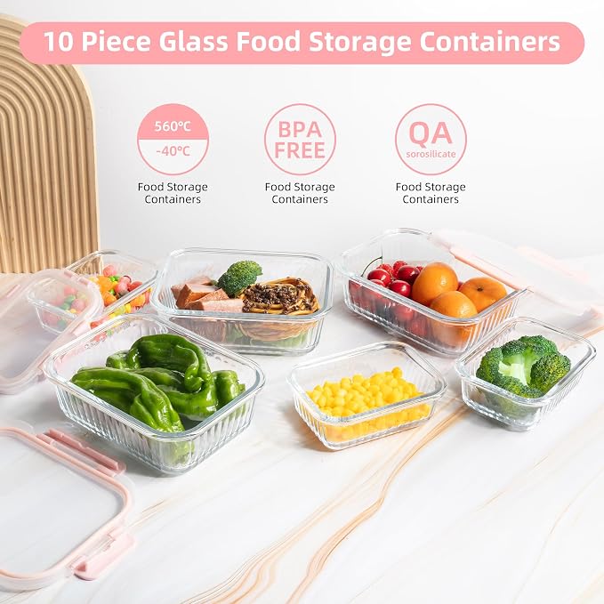 Glass Meal Prep Containers 10 Pack with Striped Pattern - For Food Meal Storage, Microwave Dishwasher Oven Safe, Airtight Lids for Meal Prep Sunday Gym Work - 5×33 Oz + 5×12 Oz