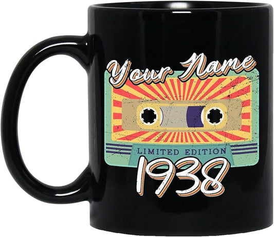Personalized Vintage Cassette Tape Vintage 1938 Mug, Custom Your Name, 1938 Retro Coffee Mug, 84th Birthday Present Gifts, 1938 Birthday Gift For Friends Family, Customizable Black Tea Cups