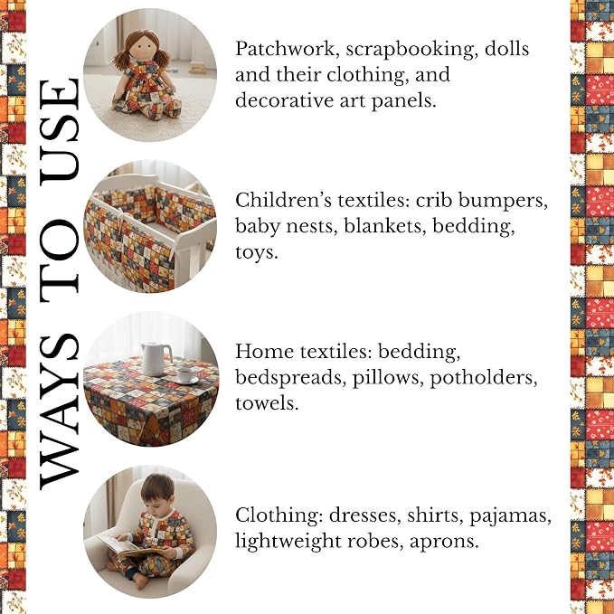 Autumn Patchwork Cotton Fabric Panel 61 x 36.6 Inches, Vintage Quilt Style Floral Printed Cotton Sewing Fabric, 140 GSM