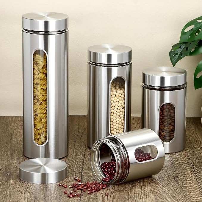 QWORK 4pc Stainless Steel Canister Set with Airtight Lids and Glass Window - Food Storage Containers for Kitchen Counter & Pantry Organization
