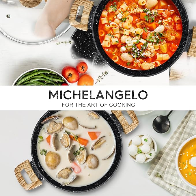 MICHELANGELO 4.3 Quart Nonstick Soup Pot with Lid, Non-Toxic Granite Coating, Induction Compatible, Non Stick Pot for Cooking with Stay-cool Handles, Black