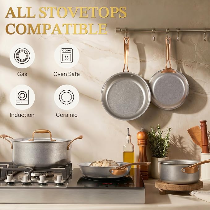 KOKHUB Pots and Pans Set 8 Pcs, Vintage Stainless Steel Cookware Set Non-Toxic, PFOA/PFOS/PTFE Free, Kitchen Cooking Set with Frying Pans, Saucepans, Oven & Dishwasher Safe, Induction Compatible
