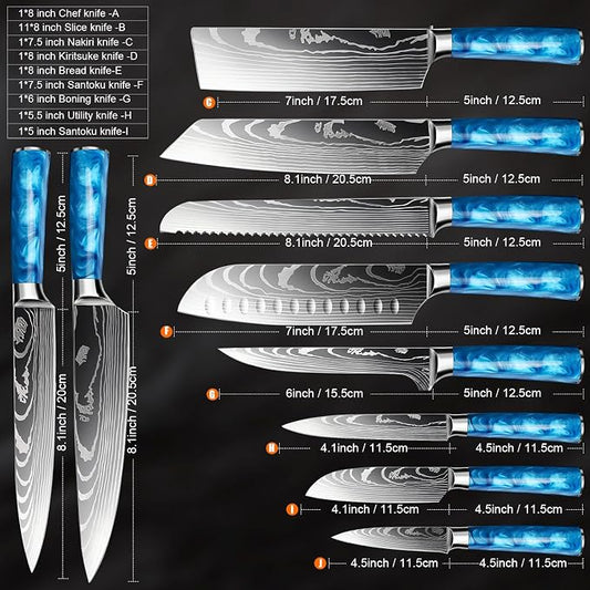 8-Piece Premium Japanese Kitchen Knife Set - Star Collection, Laser Damascus Pattern, 440A Stainless Steel Ultra Sharp for Fast Cutting (Blue 8J)