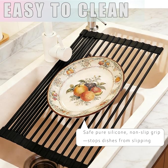 Cover The Sink Roll Up Dish Drying Rack 17.6"x15.4" Silicone Wrapped Foldable Anti-Slip Drainer for Kitchen Counter_Black new