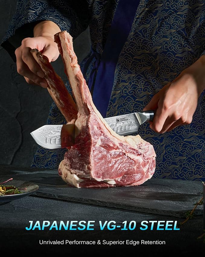 KYOKU 10″ Damascus Butcher Knife for Meat Cutting,UPGRADED Breaking Knife with Silver PVD Coating for Professional Home Chefs,Sharp Bullnose Japanese Style VG10 Steel Meat Carving Knife for Kitchen