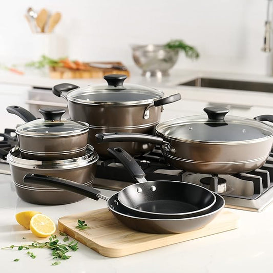 Tramontina Sicilia 10-Piece Non Stick Cookware Set with Glass Lids, Aluminum Nonstick Pots and Pans Kitchen Set (Hazelnut)