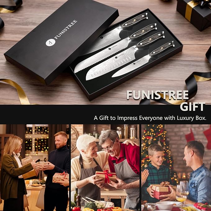 4 Pieces Professional Kitchen Knife Set, Damascus German Stainless Steel Chef Knife Set With Wooden Box, 8" Chef Knife, 5" Utility Knife, 8" Bread Knife, 7" Santoku Knife, Gift for Men Women