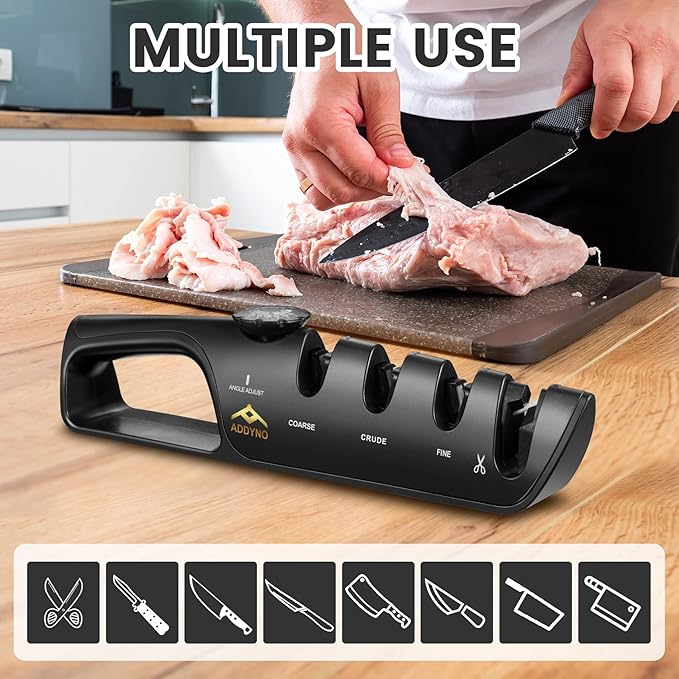 Knife Sharpener, Adjustable Angle 4-in-1 Kitchen Knife Sharpener, 3-Stage Coarse Sharpen Fine with Scissors Slot, Non-Slip Base Ergonomic Handle for Household Knives and Scissors
