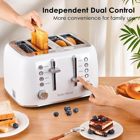 Roter Mond Toaster 4 Slice Retro Stainless Steel with Extra Wide Slots Bagel, Defrost, Reheat Function, Dual Independent Control Panel, Removable Crumb Tray, 6 Browning Levels, White