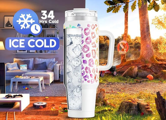Meoky 40 oz Tumbler with Handle and Straw, Insulated Tumbler with Lid and Straw, Stainless Steel Travel Mug, Keeps Cold for 34 Hours, 100% Leak Proof, Fits in Car Cup Holder (Kiss)