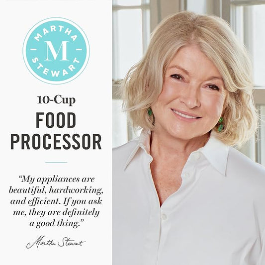 Martha Stewart Food Processor, 10-Cup Electric Chopper for Slicing, Shredding, Mincing and Puree, BPA-Free Twist & Lock Bowl, 3 Multipurpose Blades, Variable Speed Dial, Wide Feed Chute, Sky Blue