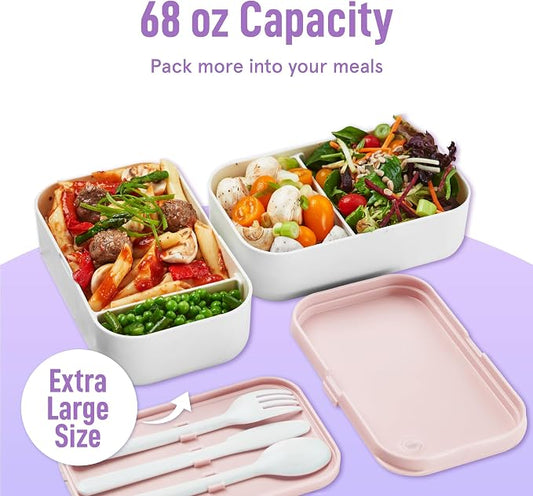 KARRICO Double Premium Bento Box Adult, 67 fl oz BPA-Free - Dusty Pink Stackable Lunch Box with Leak-Proof Lids & Dividers, Perfect for Meal Prep, Lunches & Portion Control