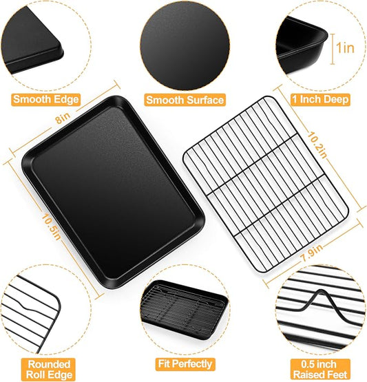 E-far Toaster Oven Baking Sheet with Rack Set, 10.5 x 8 x 1 Inch Cookie Sheet Baking Pans with Cooling Racks, Warp Resistant & Heavy-Duty, Nonstick & Easy Clean (2 Pans + 2 Racks)