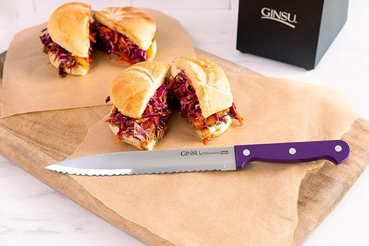 Ginsu Kiso 14-Piece Purple Knife Set with Black Block - Dishwasher Safe and Always Sharp