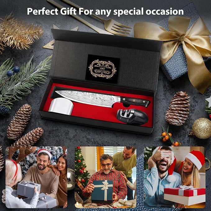 8" Chef Knife,High Carbon Stainless Steel Chef Knife,kitchen knife with Finger Guard and Knife Sharpener,Chef Knife Gift Box for Family and Friends
