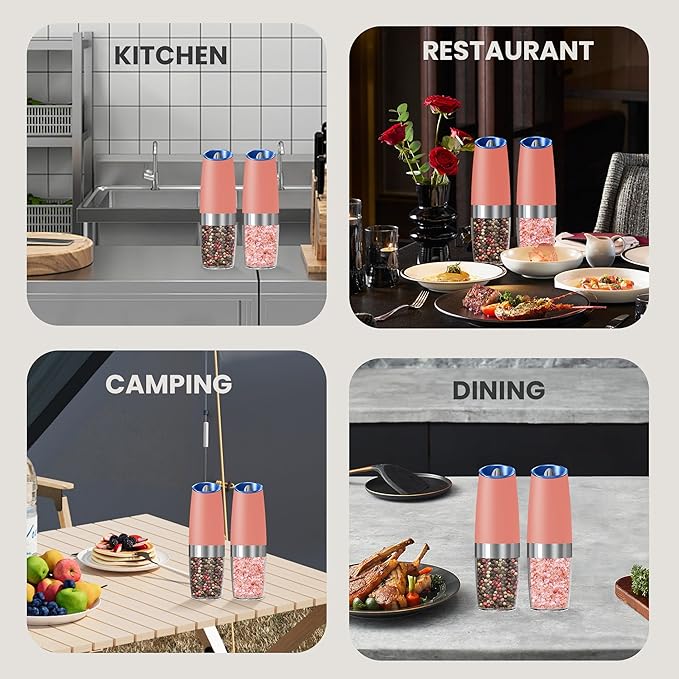 Battery Operated Salt And Pepper Grinder Set with LED Light, Automatic Electric Gravity Salt And Pepper Shakers Set, Each 6 AAA Batteries Needed, Adjustable Roughness, 2 Pack (Pink)