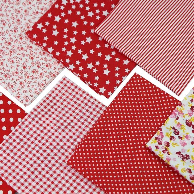 7PCS Different Patterns Printed Cotton Fabric Squares 50 cm x 50 cm Handmade Craft Cloths Bundle for Sewing Patchwork, Quilting, DIY Scrapbooking Tissue (Red)