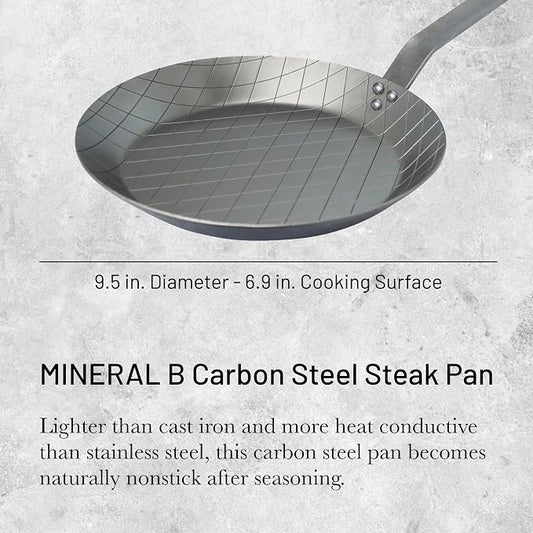 de Buyer MINERAL B Carbon Steel Steak Pan - 9.5” Diameter, 6.9” Cooking Surface - Ideal for Searing & Browning Meat - Naturally Non-Stick Finish - Made in France