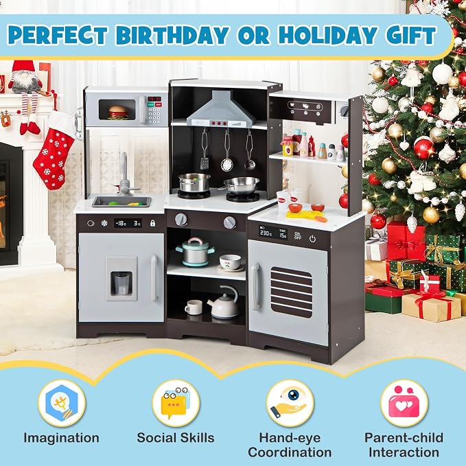 Costzon Corner Kids Kitchen Playset, Wooden Toy Kitchen Set w/Lights & Sounds Range Hood, Ice Maker, Pretend Telephone, Sink, Faucet, Microwave, Oven, Play Kitchen for Kids 3+ (Brown)