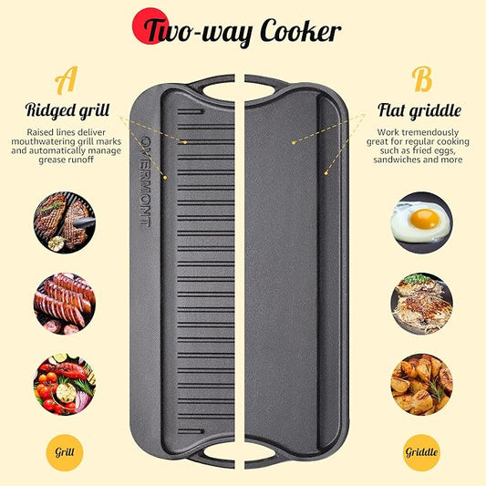Overmont Reversible Cast Iron Grill Griddle Pan, Pre-Seasoned 17 x 9.8 Inch Dual-Sided Griddle Double Burner Cookware with Handles for Gas Grill, Stovetop, Oven, Campfire, Scrapers Included