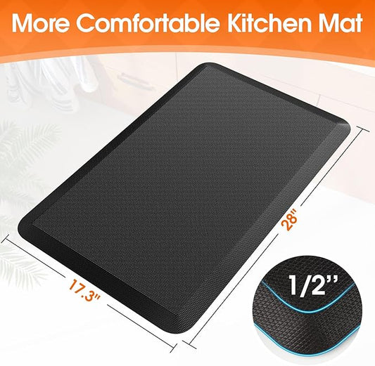 TranquilRelax Kitchen Mat, Cushioned Thick Floor Comfort Mat, with Non-Slip Bottom, Water & Stain Resistant, Easy Clean Standing Desk Mat for Kitchen, Sink, Office (17.3"x28", Black)