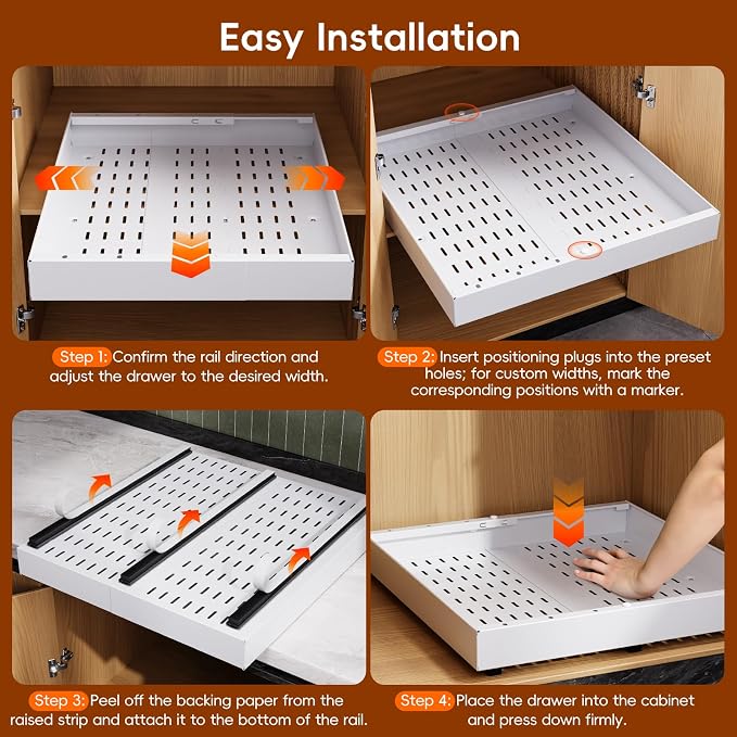 OneDream 4 Pack Pull Out Cabinet Organizer, 21" Deep Slide Out Drawers for Kitchen Cabinets, No Drill Adhesive Pull Out Drawers for Cabinets, Roll Out Shelves Adjustable Width 12.05"-20.4"