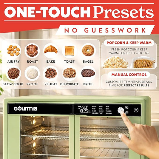 Gourmia French Door Air Fryer Oven - 37 Qt Large Capacity Convection Toaster Oven, FryForce 360ยฐ, Digital Display, 12 Cooking Presets, Dehydrate, Fits 13โ Pizza, Dishwasher-Safe, Green