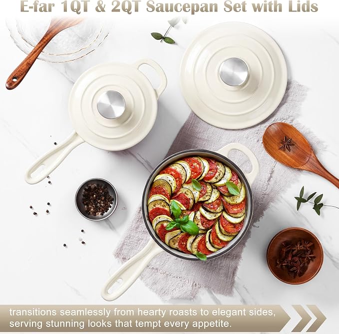 E-far 1Qt & 2Qt Sauce Pan Set, Enameled Cast Iron Saucepans Pot with Self-basting Lids, Heavy Duty Small Dutch Oven for Stove, Induction-Ready & Easy Clean, Cream