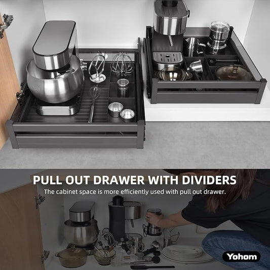 YOHOM Pull Out Cabinet Organizer – 20" W x 21" D Aluminum & Glass Drawer Organizer with Removable Dividers, Heavy Duty Pull Out Shelf for Kitchen Cabinets, Sliding Storage Tray, DIY Single Tier