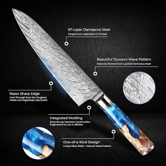SENKEN 7-Piece Damascus Kitchen Knife Set - Tsunami Collection - 67-Layer Japanese VG10 Steel - Chef's Knife, Cleaver, Santoku, Bread, Boning, & More