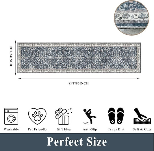 2x8ft Washable Non Slip Kitchen Rugs – Boho Floral Stain-Resistant Low-Pile Floor Carpet Runner for Hallway, Bathroom, Bedroom, Entryway (Blue, 2x8)