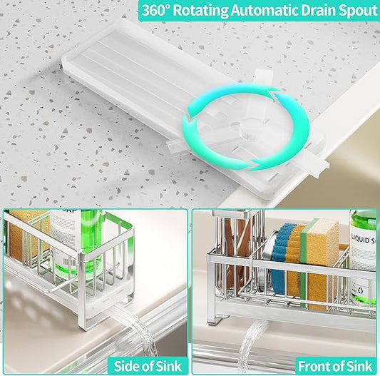 HapiRm Sponge Holder for Kitchen Sink - Self-draining Sink Caddy with Brush Holder and Dishcloth Holder, Stainless Steel Kitchen Organizer - Silver