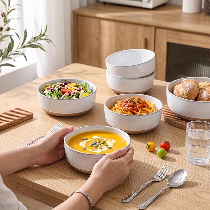 HASENSE Ceramic Cereal Bowls Set of 6, Bluish White Bowls Microwave Safe and Dishwasher Safe for Kitchen, 30 OZ Bowls for Soup, Salad and Oatmeal, 6 Inch Porcelain Dinner Bowls with Two-Tone Color