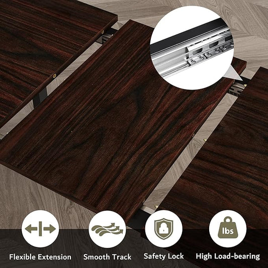 iPormis 5-Piece Dining Table Set for 4-8 People, Extendable Kitchen Table Set with 2 Benches and 2 Square Stools, Mid-Century Dining Room Table with Metal Frame & MDF Board, Saving Space, Espresso