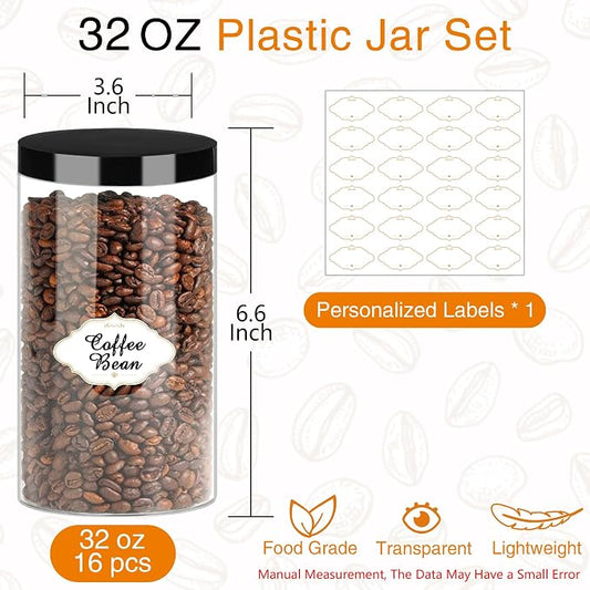 PeacePeo Plastic Jars with Lids, 16 Pcs 32 OZ Large Plastic Storage Jars with Black Leakproof Lids Cylinder Plastic Storage Container Jar Reusable Clear Empty Jars for Home and Kitchen Organizing