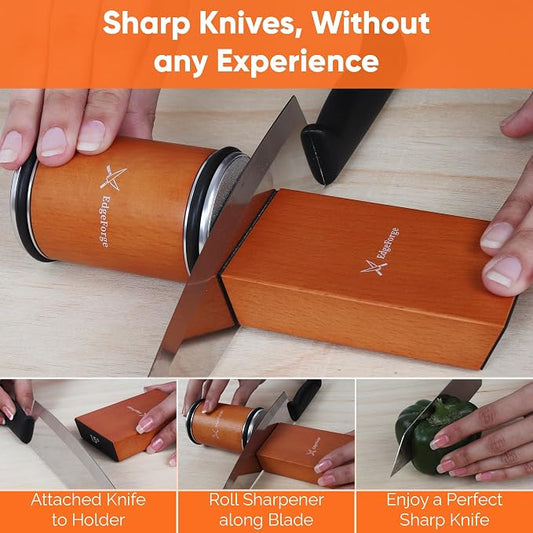 Knife Sharpener – Rolling Knife Sharpener Kit with Diamond Disc & Stainless Steel Polishing Disc, Magnetic 15° & 20° Angle Guide, Manual Kitchen Knife Sharpener Tool, Ideal Gift