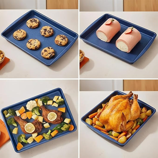 SAKER 3 Pack Nonstick Baking Sheet Set, Carbon Steel Cookie Pan with Cooling Rack, Even Heat Distribution & Warp-Resistant for Oven Baking, Roasting & Cooking (Blue)