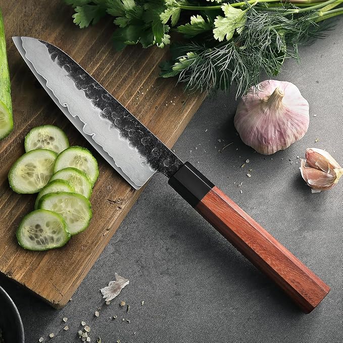 HEZHEN 5.5 Inches Santoku Knife, Three-layer Clad Steel, Professional small Japanese Chef Knife, Ultra Sharp Blade, Red Wood Octagonal Handle