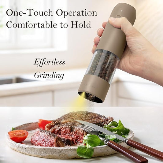 Ultrean Pepper Grinder, Rechargeable Salt and Pepper Grinder Set with 6 Adjustable Coarseness, LED Light, Electric Pepper Mill, Essentials for New Home Housewarming, Brown